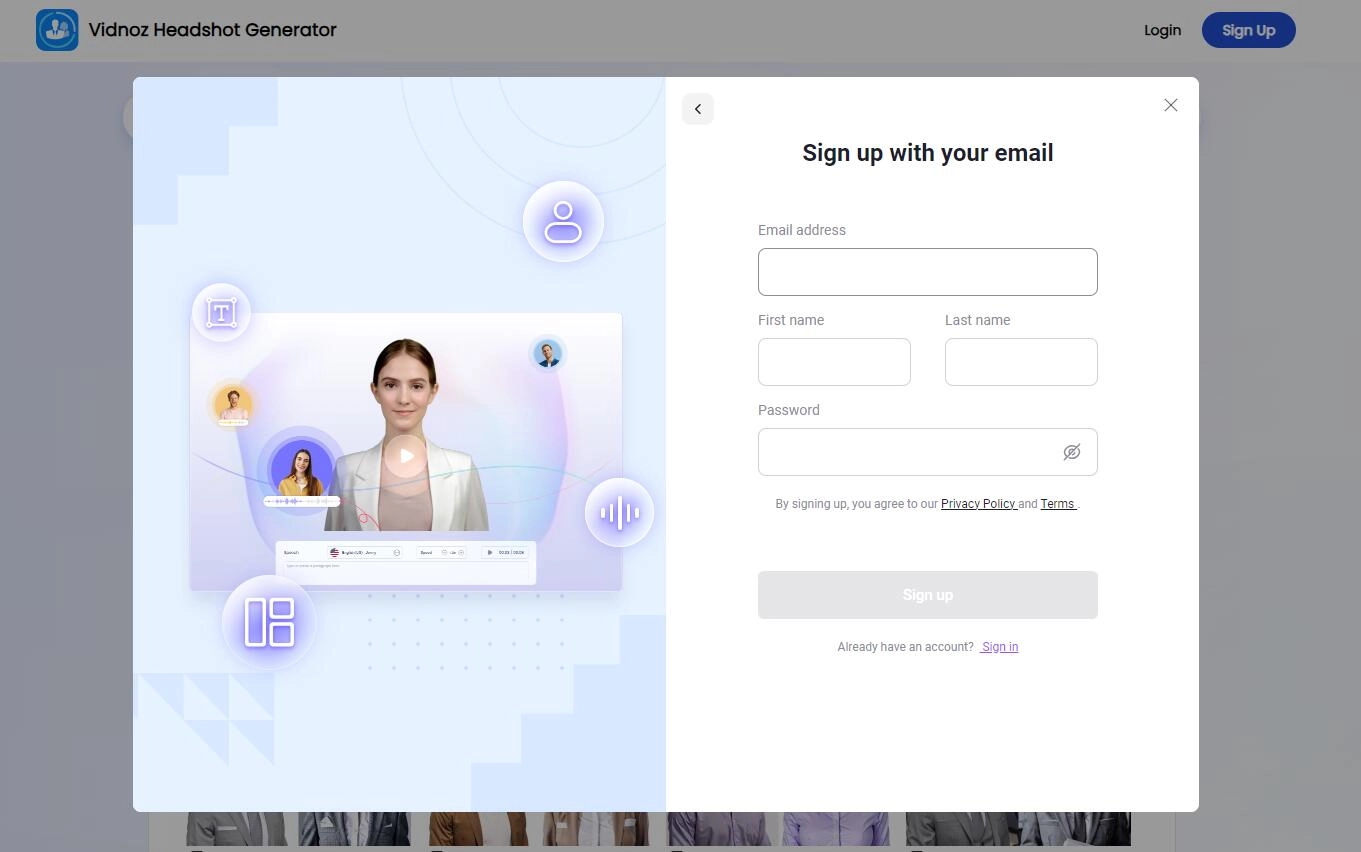 Sign up a Vidnoz Headshot Generator Account